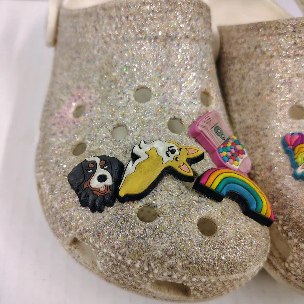 Crocs Classic Glitter Clog Silver Multi Sparkle Shoes with Jibbitz Charms C13